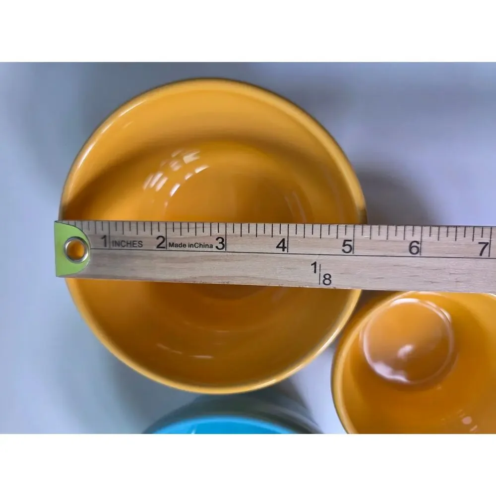 CRATE & BARREL Mustard Blue Small Nesting Earthenware Bowls Portugal Set of 3